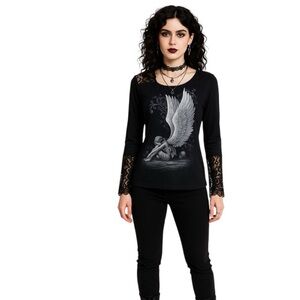Whimsigoth Gothic Angel Wing Casual Long Sleeve Top with Lace Accents Size M